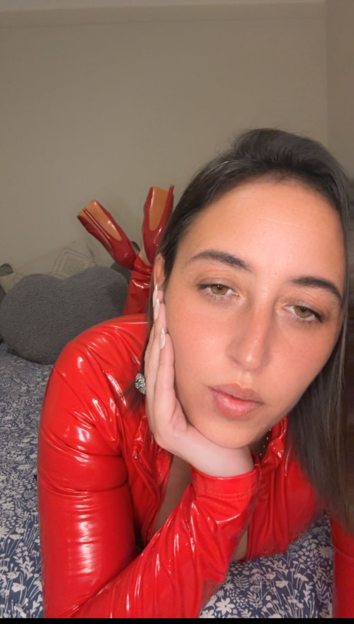 Scarlett — red latex close-up face red heels